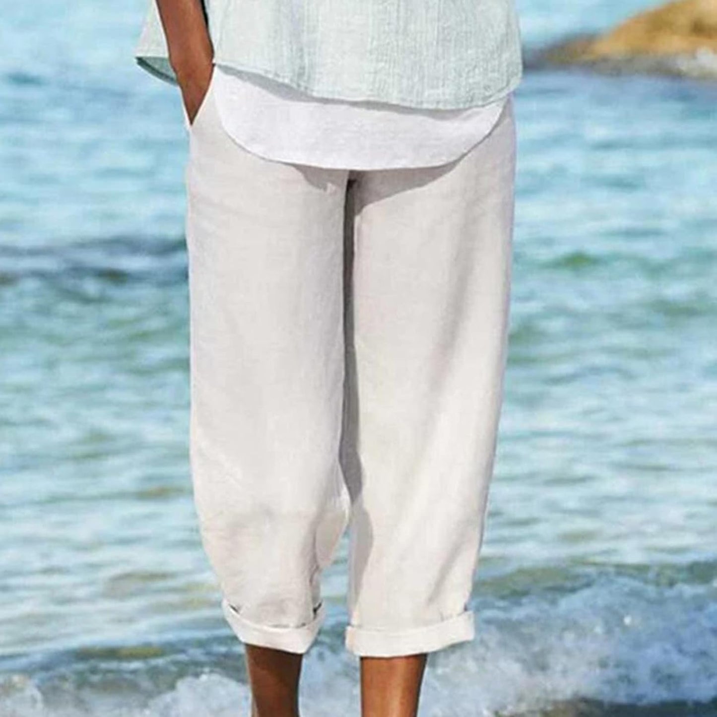 Women Cropped Trousers Beige Lightweight | Clydel-3