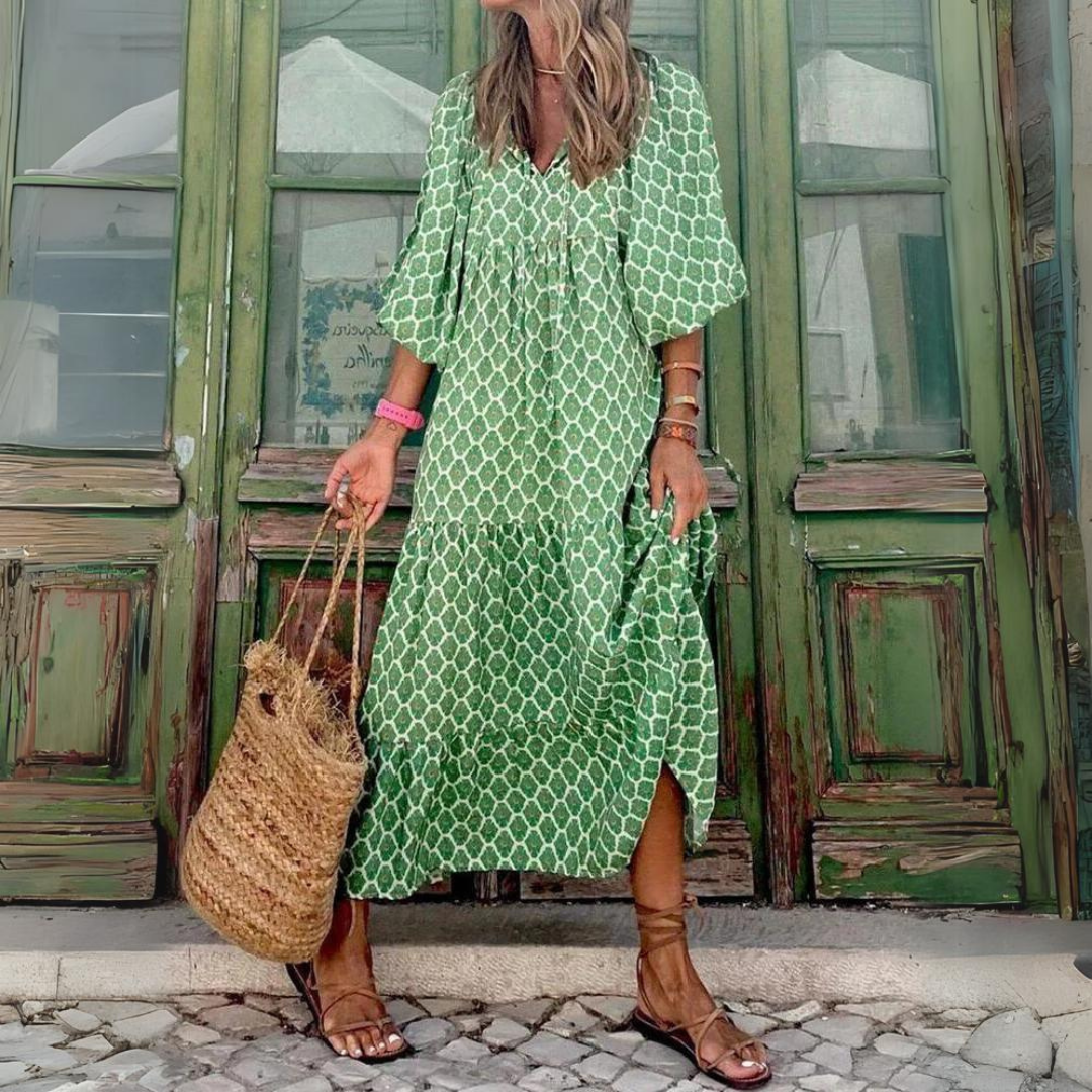 Women Boho Printed Midi Dress with Puff Sleeves | Clara