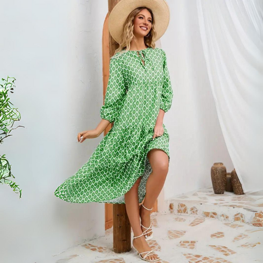 Women Boho Printed Midi Dress with Puff Sleeves | Clara