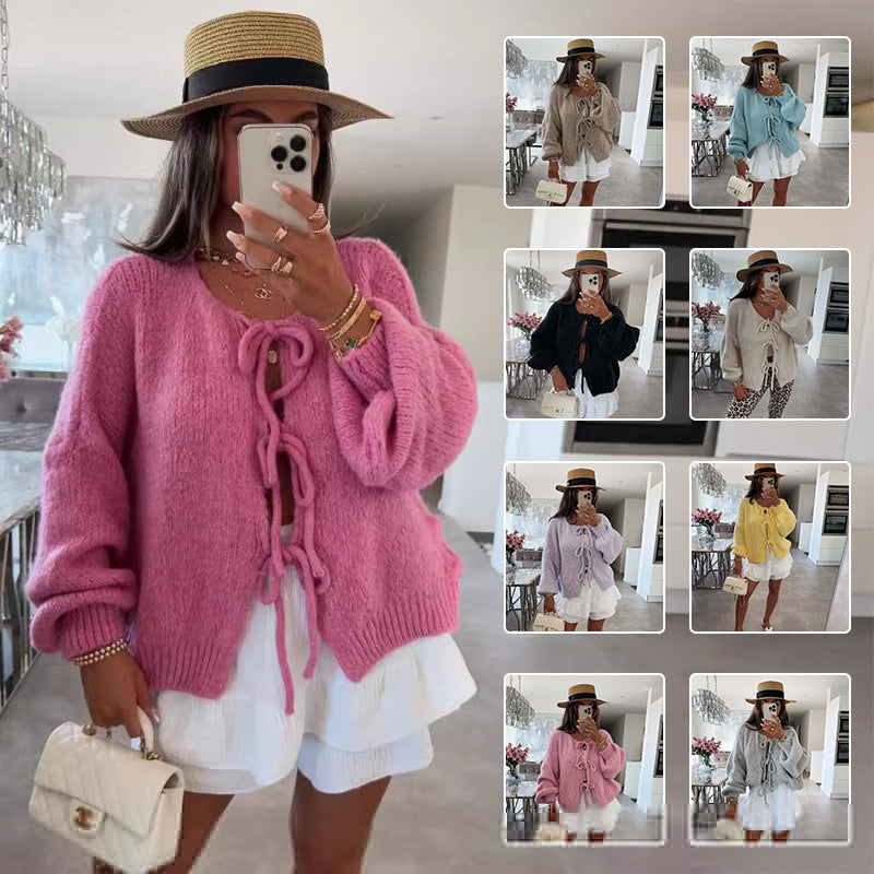 Women Cardigan Multi Color Knitted Polyester | Elegant Bow Design-3
