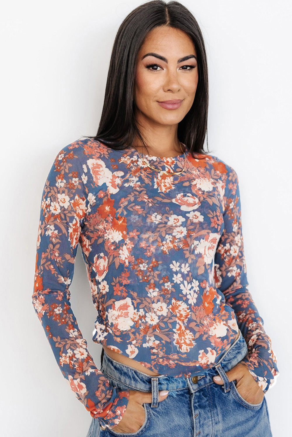 Women Floral Mesh Slim Top | Serelina