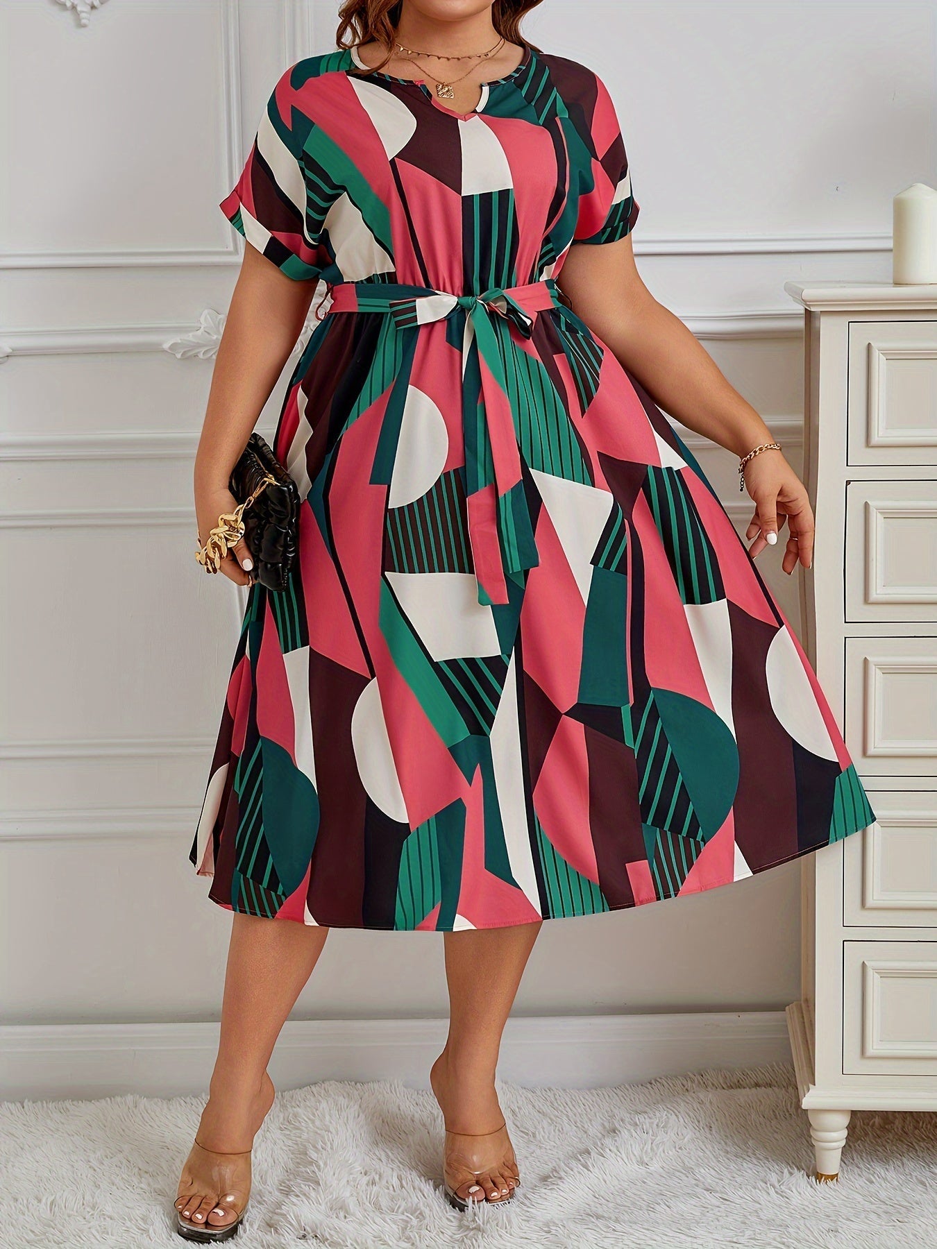 Belted Abstract Midi Dress | Orlena