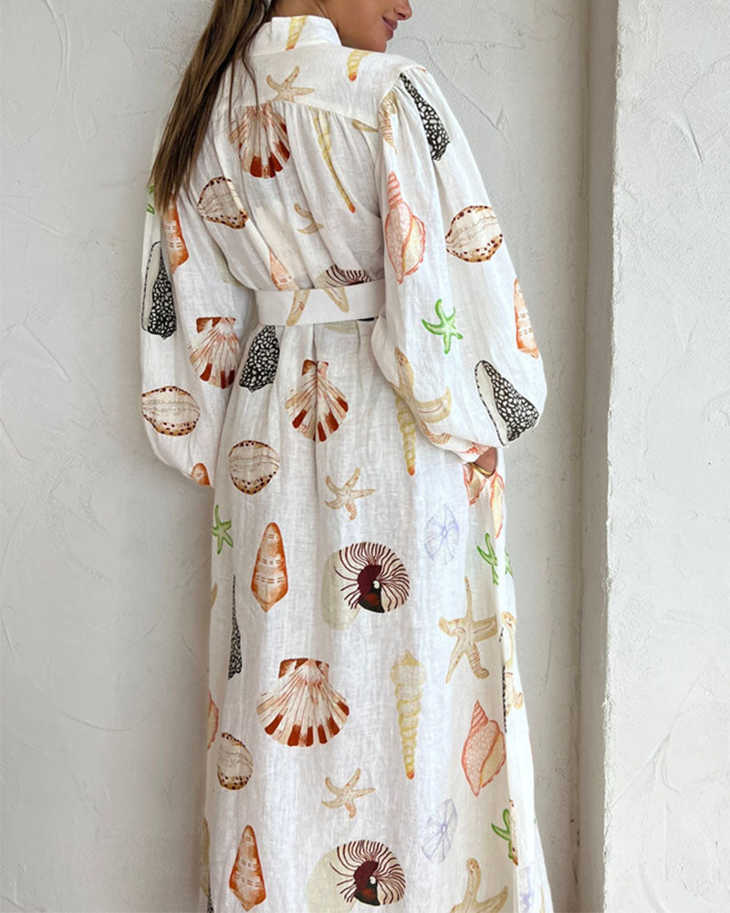 Women Seashell Printed Maxi Shirt Dress | Audrey