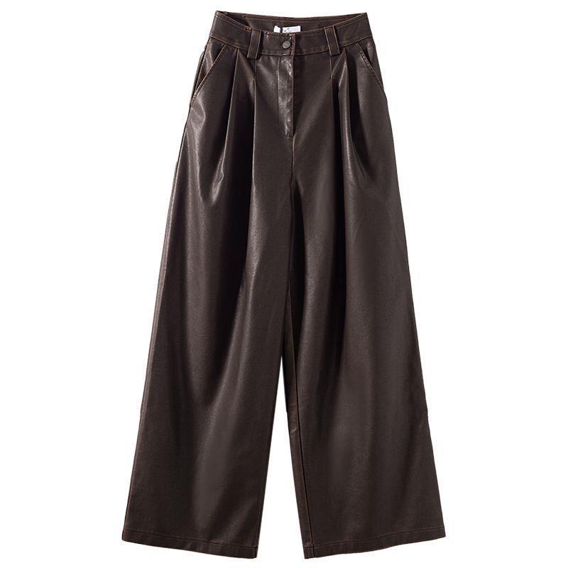 Women Wide Leg Pants Brown PU Leather | Vintage Chic-6