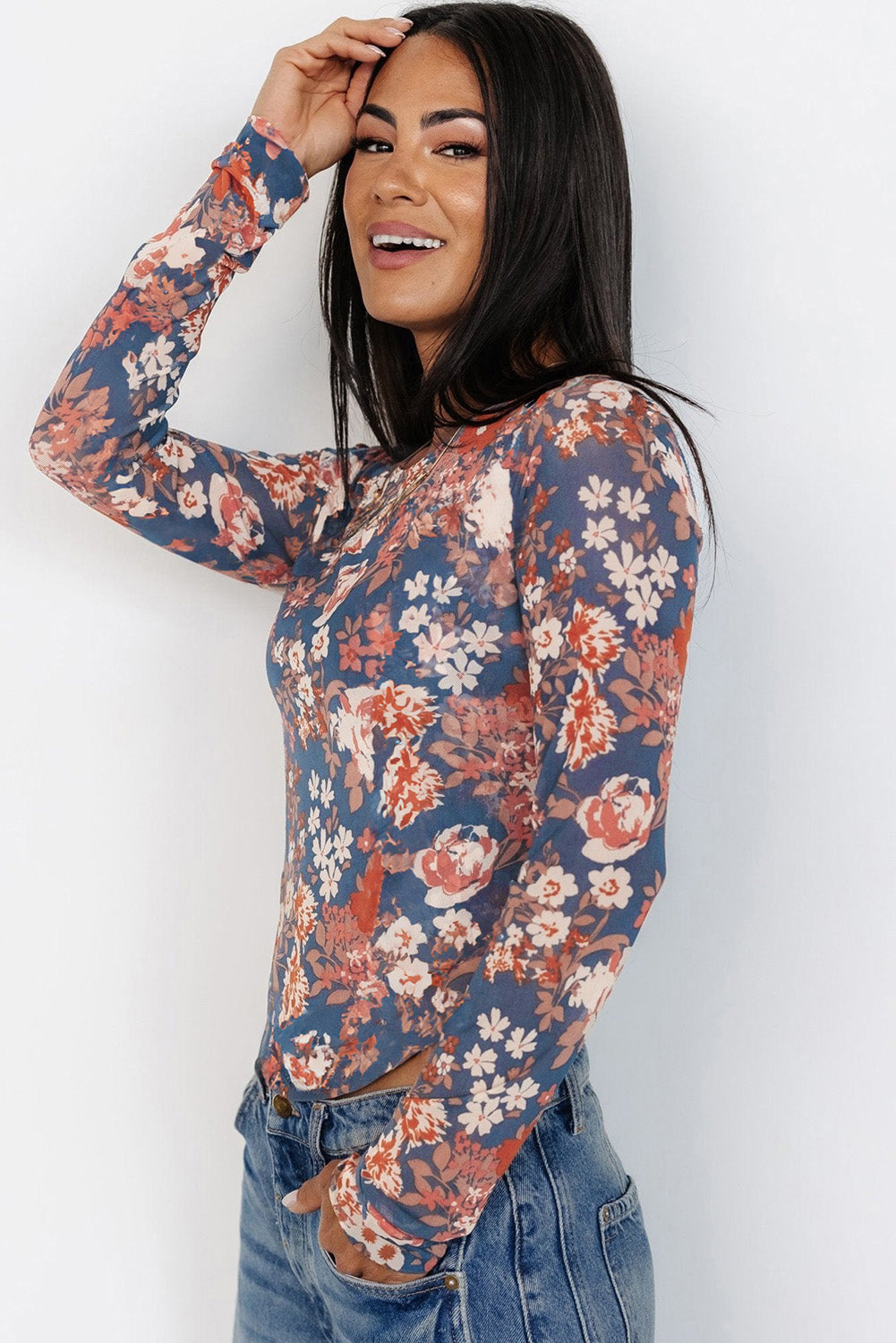 Women Floral Mesh Slim Top | Serelina