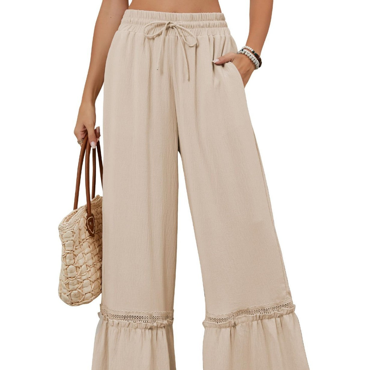 Women Wide Leg Trousers Apricot Polyester | Elegant Style-4