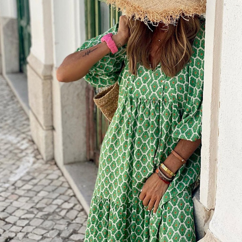 Women Boho Printed Midi Dress with Puff Sleeves | Clara