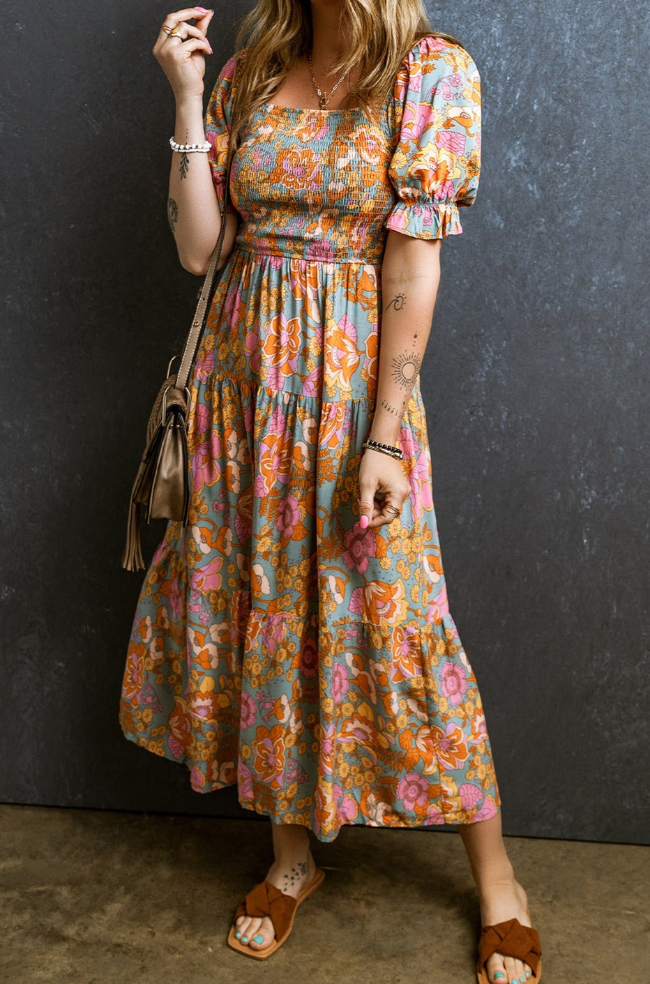 Women Smocked Puff Sleeve Floral Dress | Joan