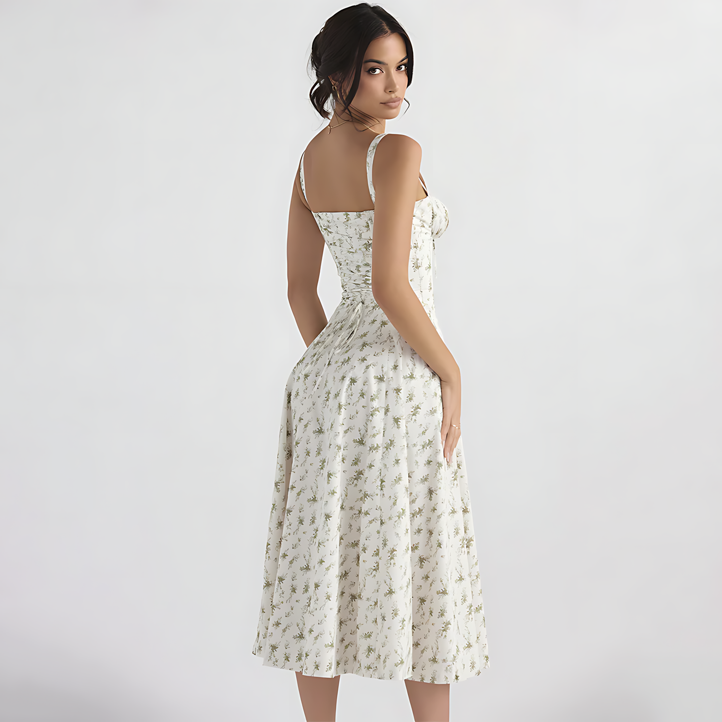 Women Floral Corset-Style Midi Dress with Strappy Details | Chandria