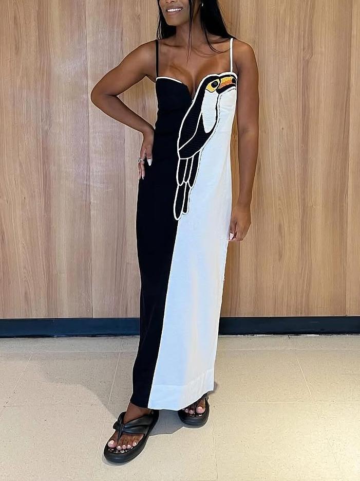 Women Maxi Dress Black and White Cotton-Linen | Parrot-6