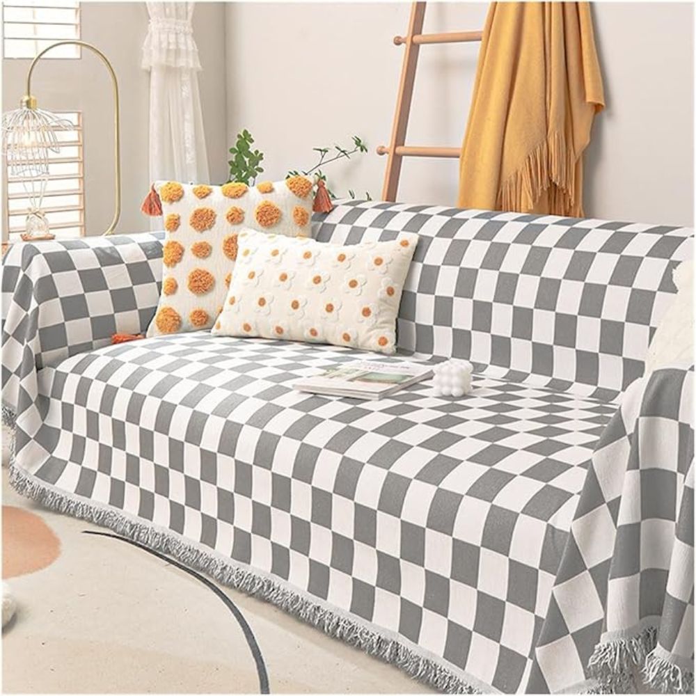 Variant image for Sofa Cover Grey Microfibre Chenille | Checkerboard Design-13