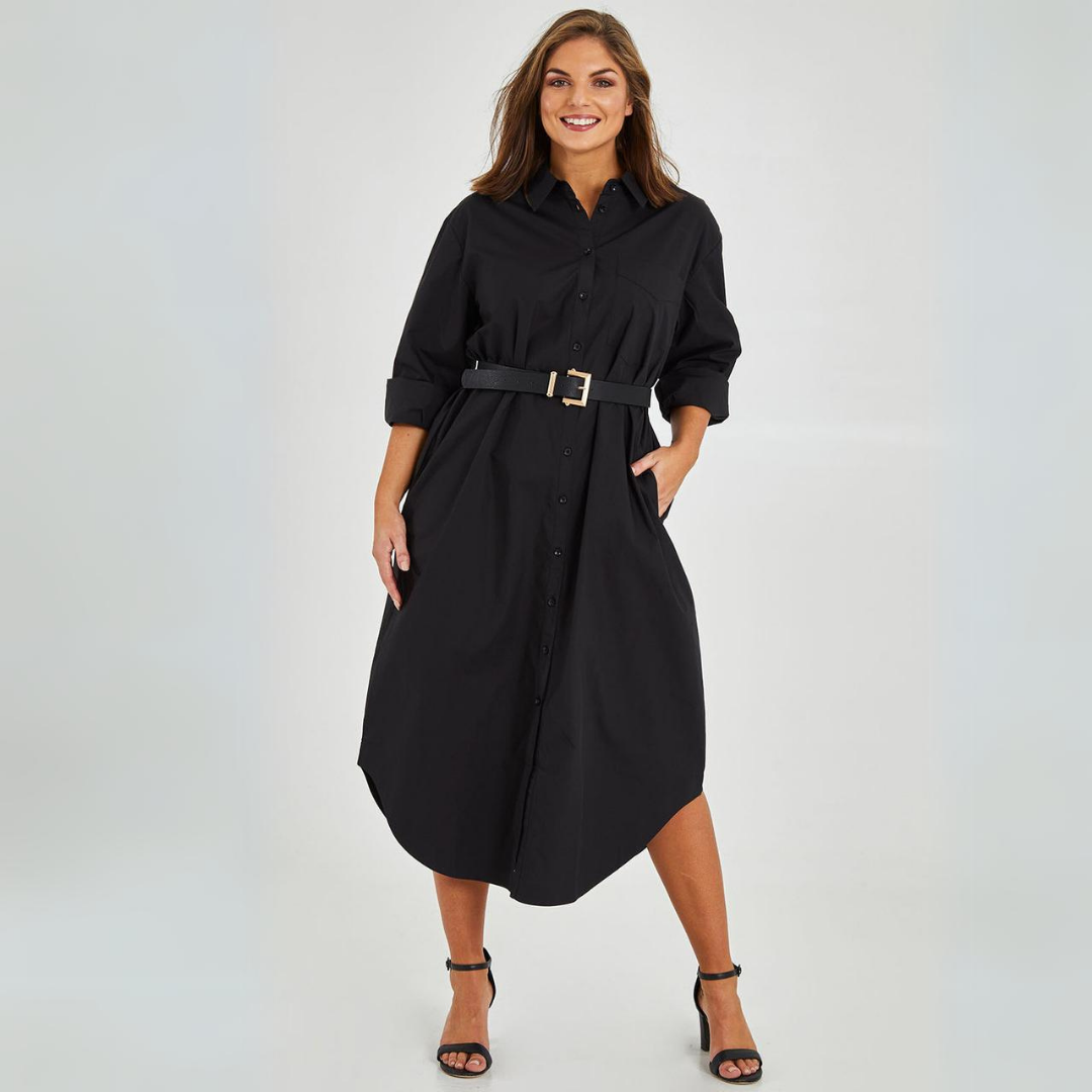 Women Button-Up Shirt Dress with Side Slit | Evelyn