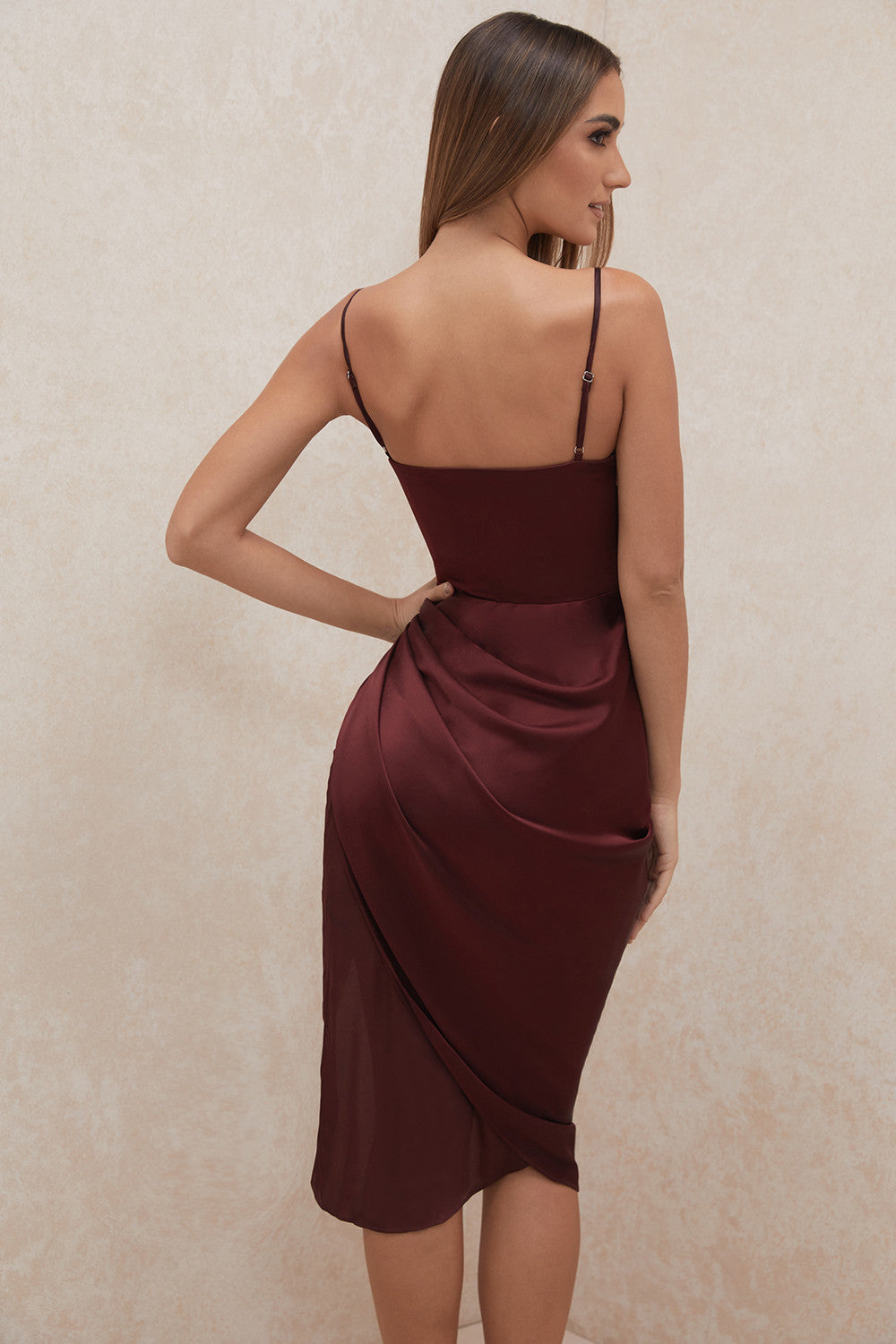 Women Satin Drape Midi Dress | Celestine