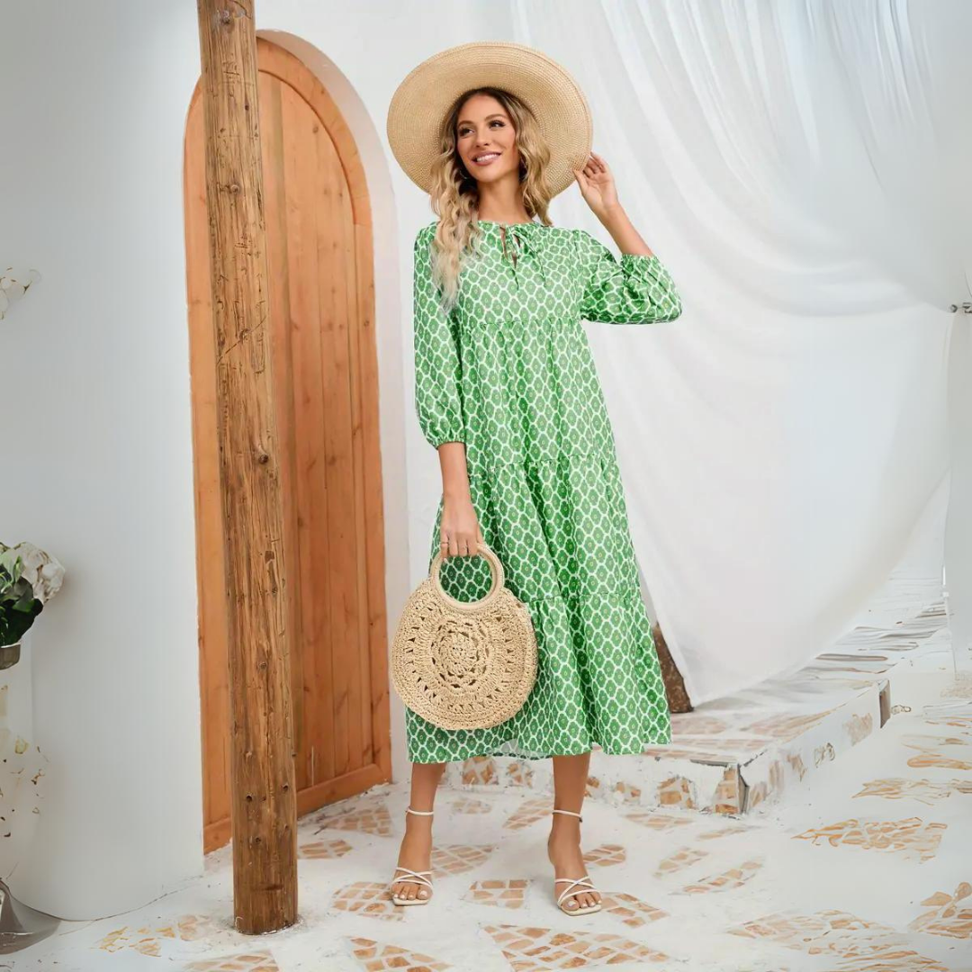 Women Boho Printed Midi Dress with Puff Sleeves | Clara