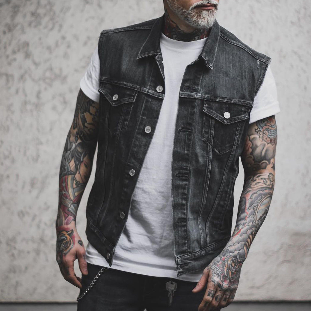 Distressed Denim Biker Vest | Allan