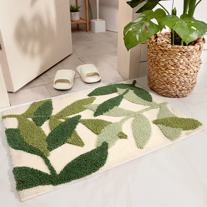 Floor Rug Green Leaf Print Polyester | Cozy Retreat 3