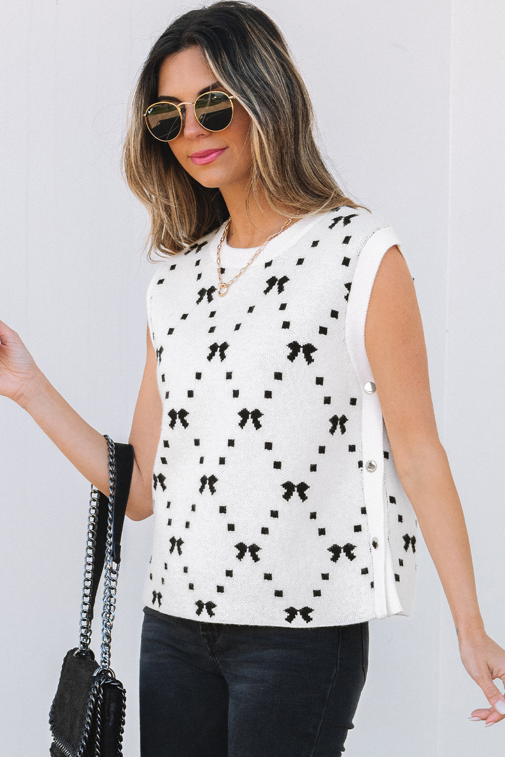 Women Cropped Vest Bow Pattern Viscose Blend | Elegant Charm-1
