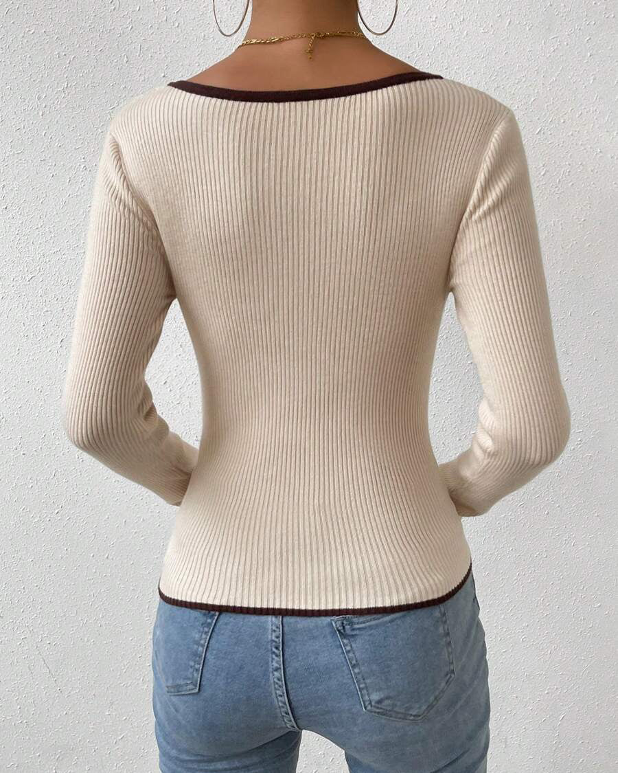 Women Ribbed Contrast Trim Top | Leontina
