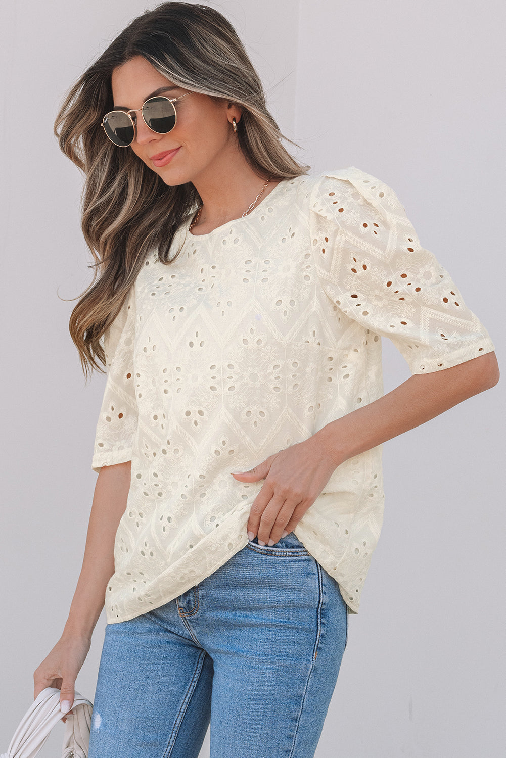 Women Blouse White Cotton Eyelet Embroidery | Emily-2