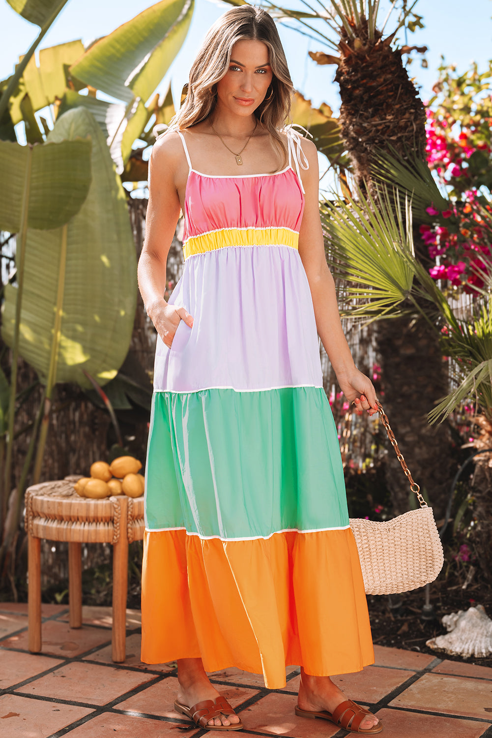 Variant image for Women Maxi Dress Color Block Cotton | Elegant Style-1