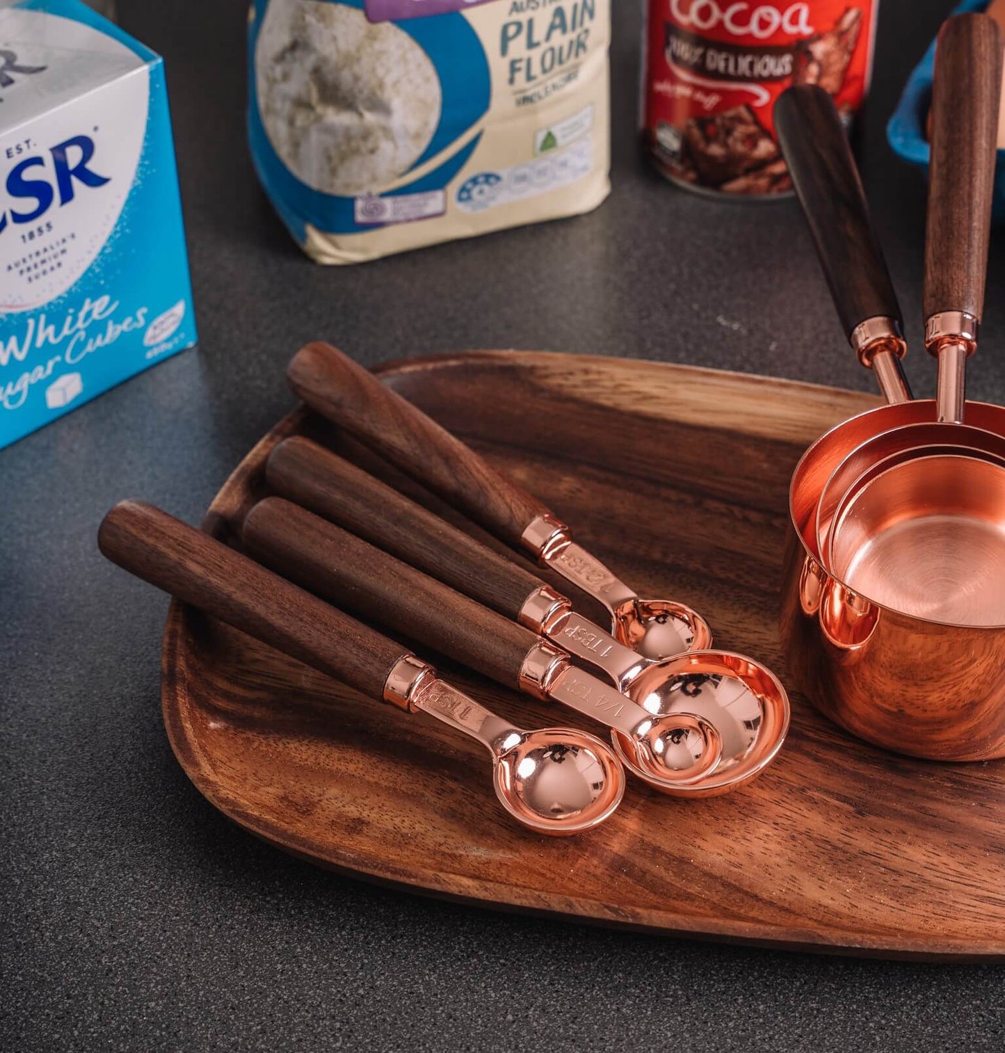 Copper Measuring Spoon and Cup – Stainless Steel with Walnut Handles