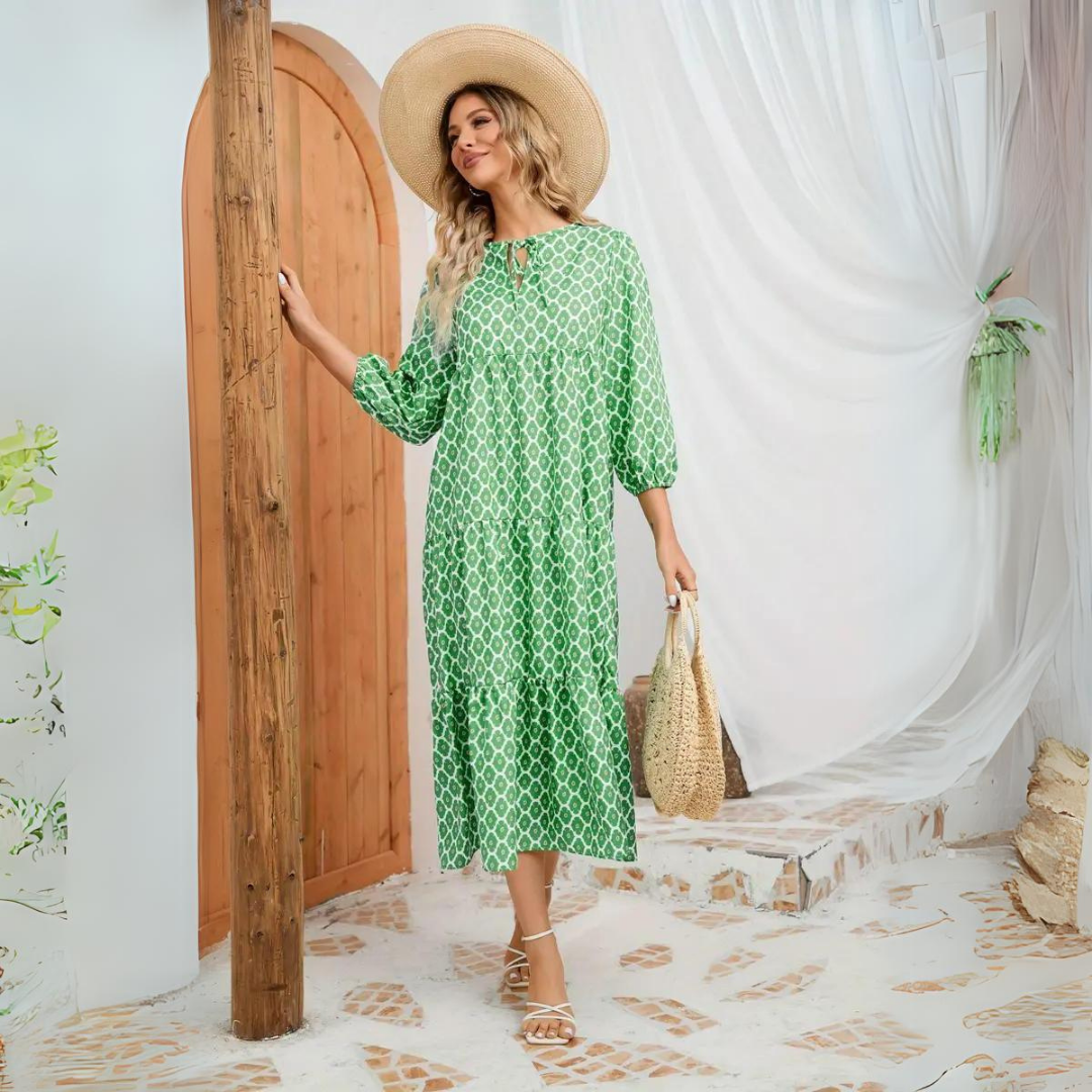 Women Boho Printed Midi Dress with Puff Sleeves | Clara