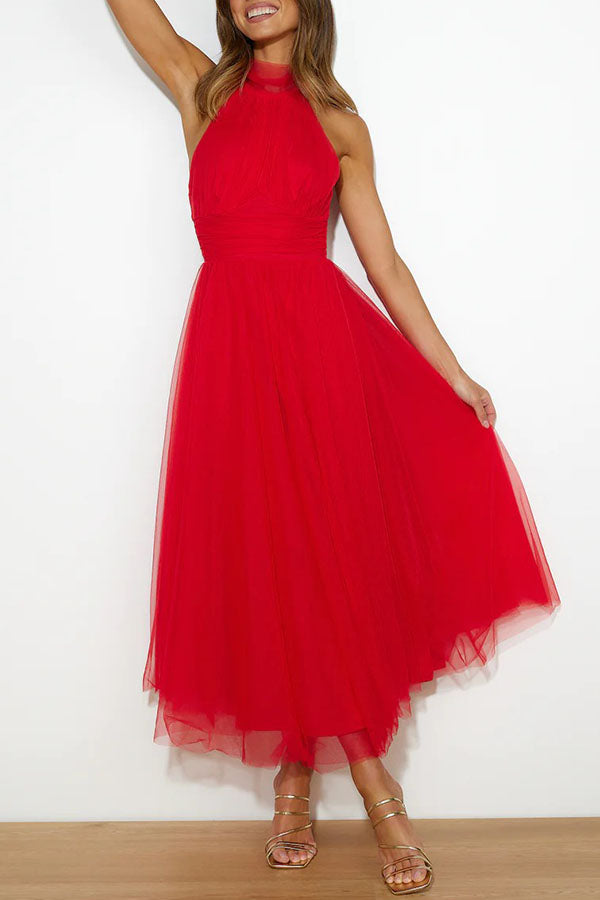 Women Halter-Neck Tulle Midi Dress | Emmeline