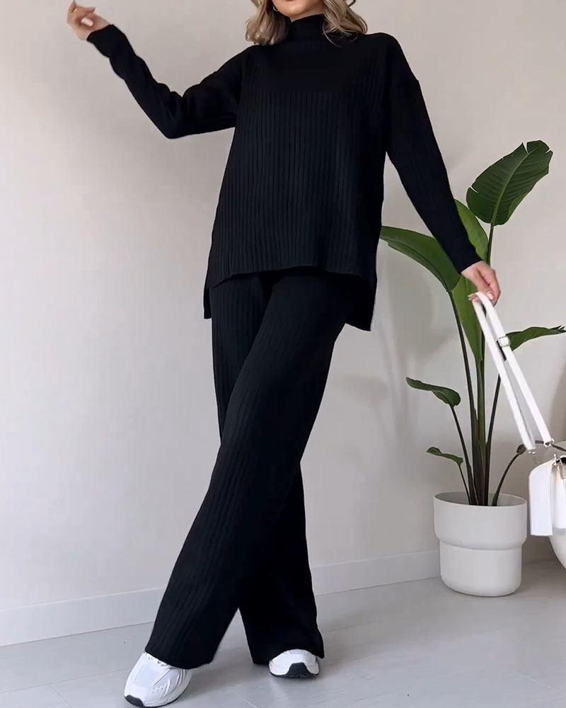 Women Ribbed Knit Wide-Leg Lounge Set | Daryelle