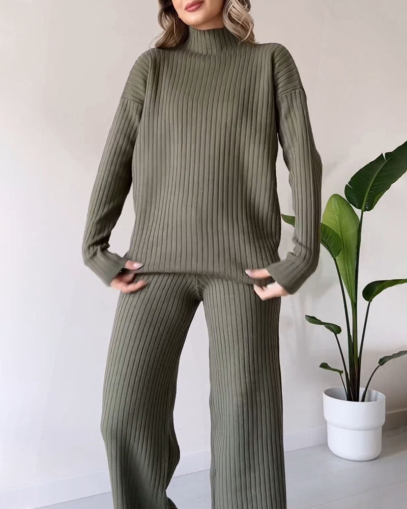 Women Ribbed Knit Wide-Leg Lounge Set | Daryelle