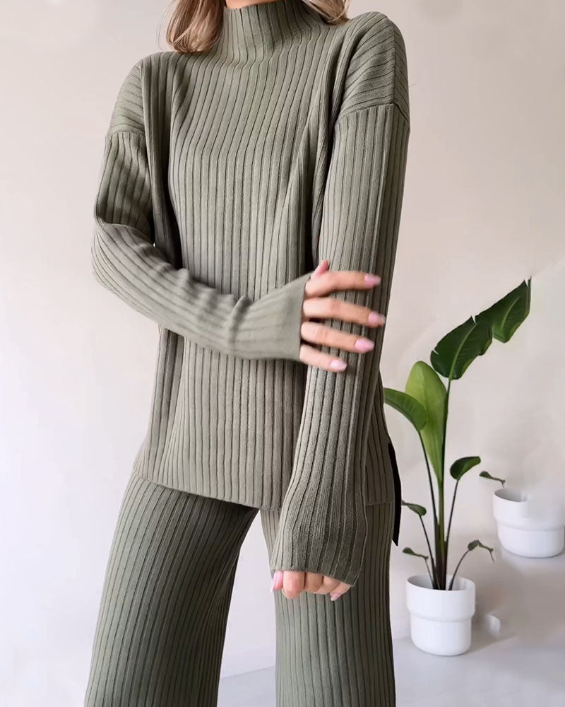 Women Ribbed Knit Wide-Leg Lounge Set | Daryelle
