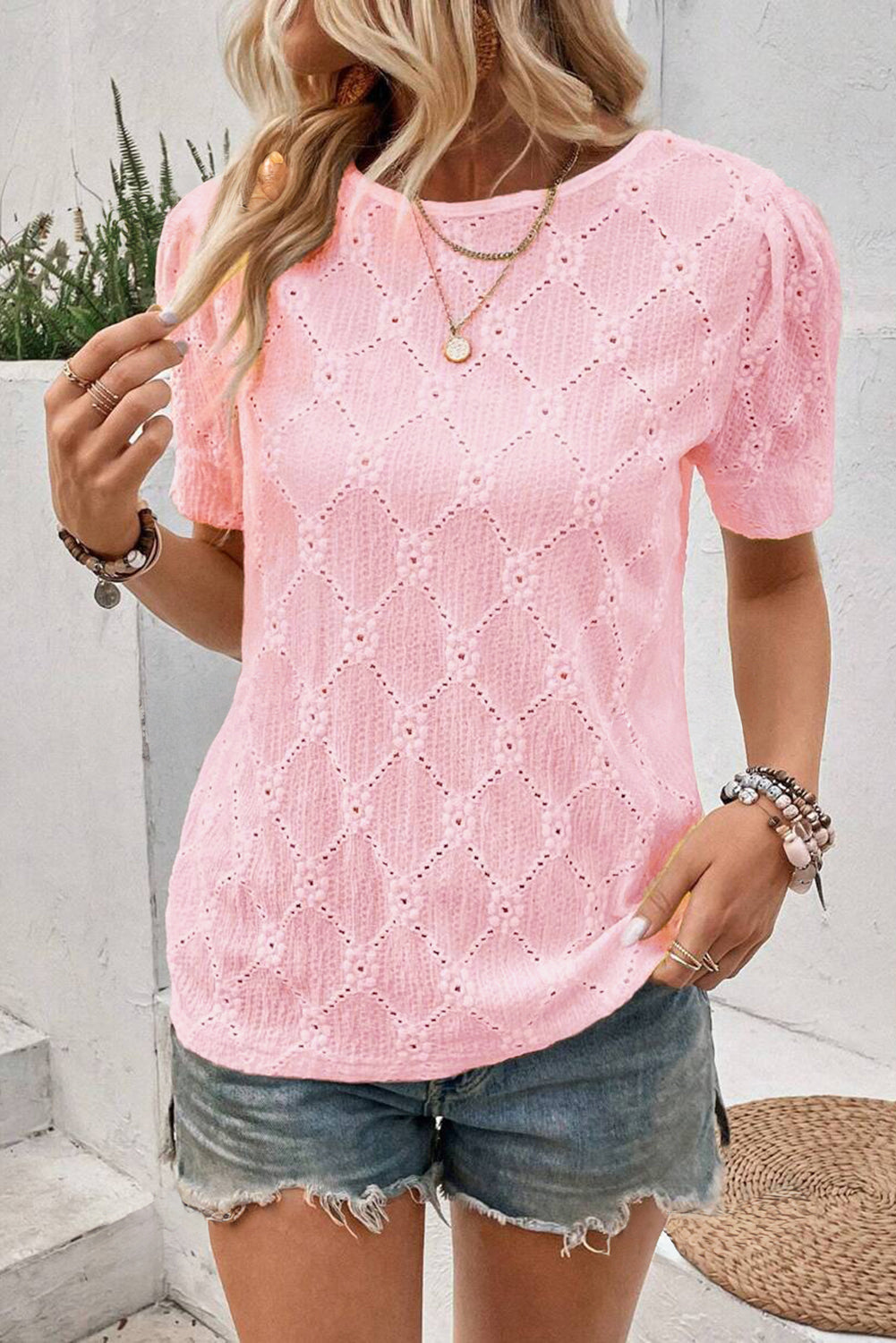Eyelet Button Short Sleeve Top