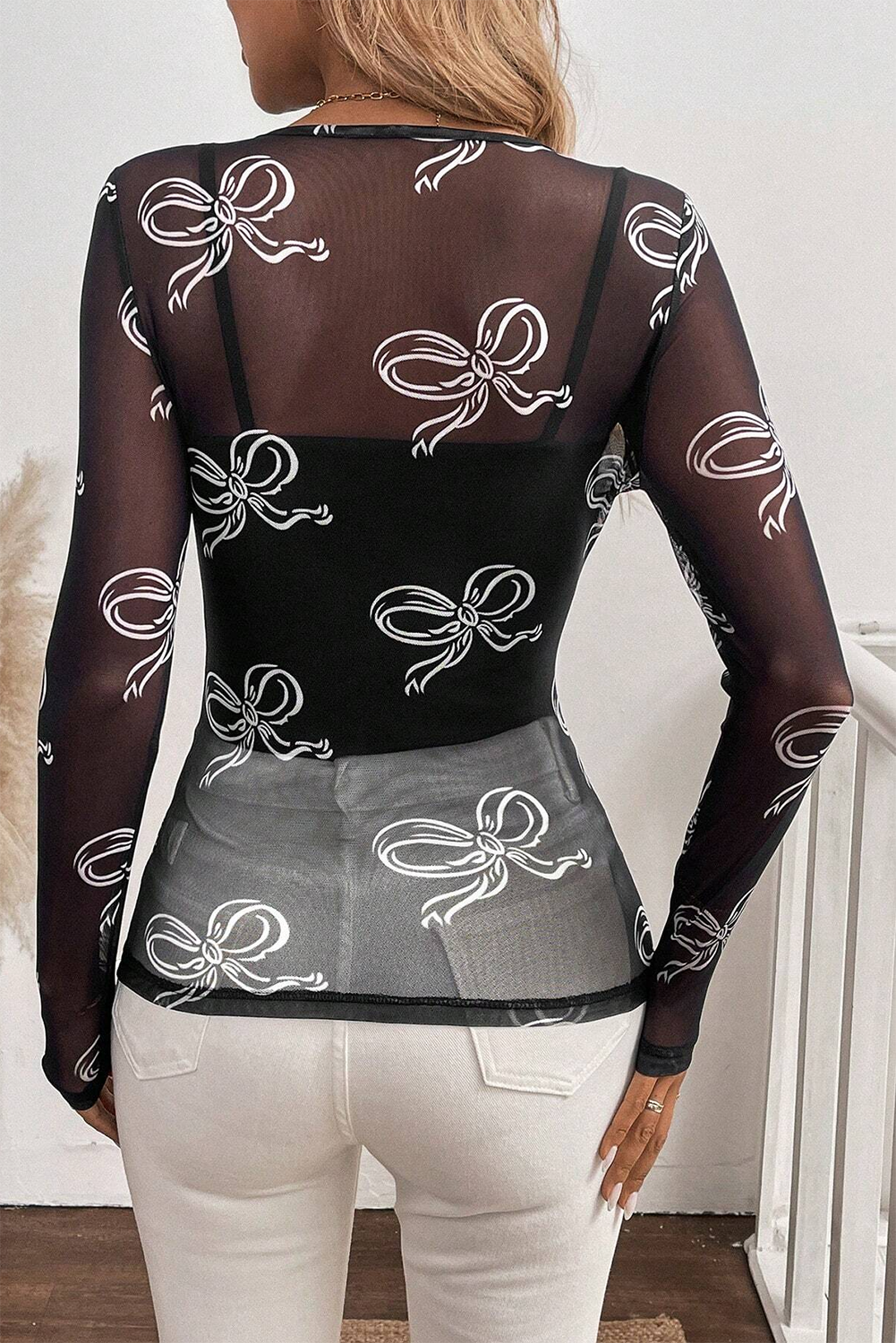 Women Long Sleeve Mesh Bow Top | Elveria