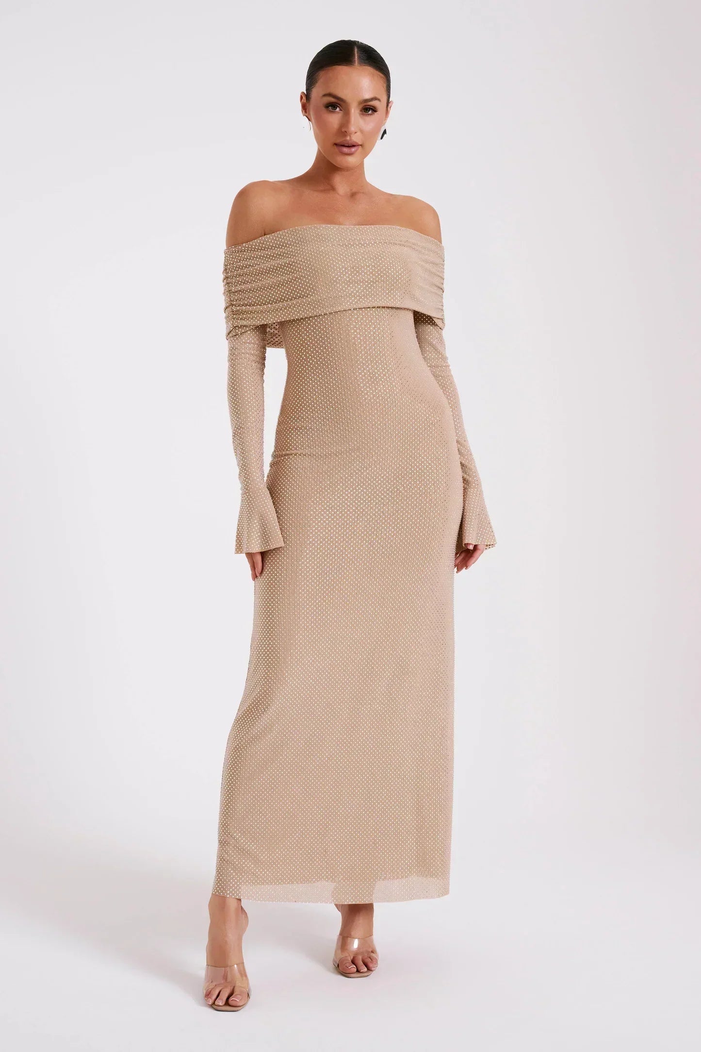 Women Off-Shoulder Long Knit Gown with Bell Sleeves | Giselle