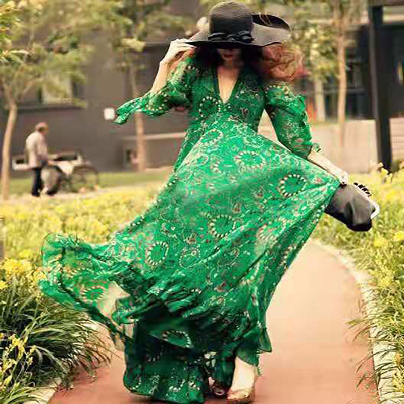 Women Kaftan Dress Green Chiffon | Serene-4