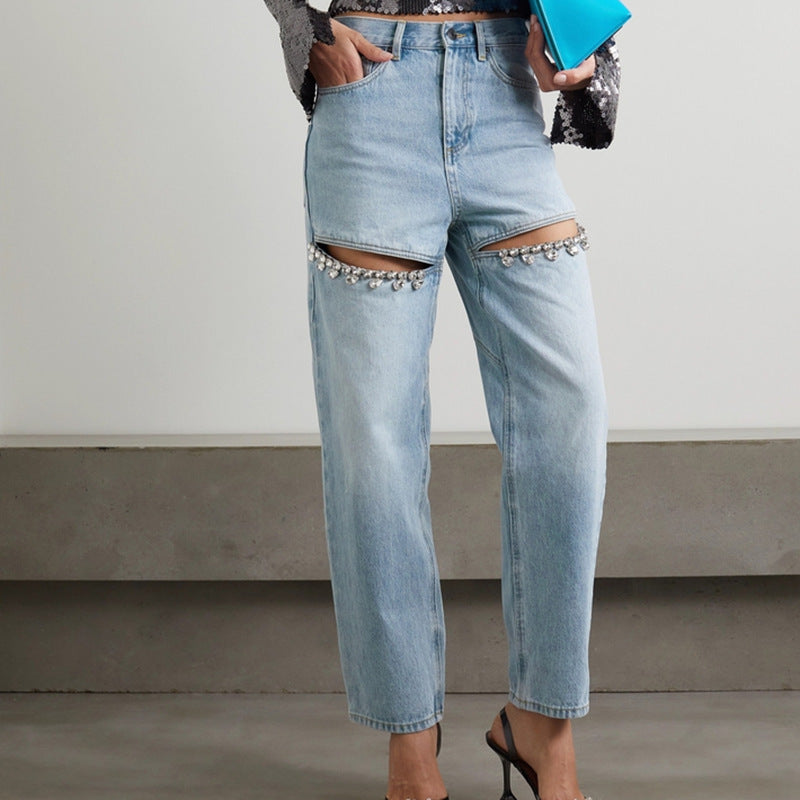 Women Straight Leg Jeans Light Blue Cotton | Crystal Elegance-2