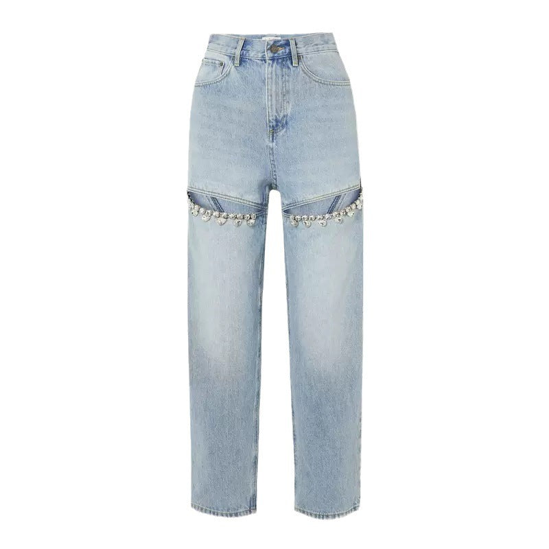 Women Straight Leg Jeans Light Blue Cotton | Crystal Elegance-6