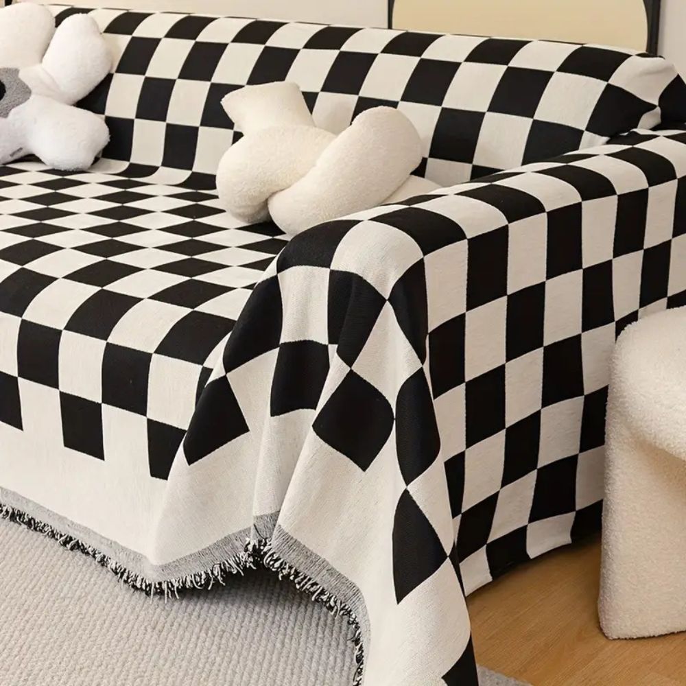Sofa Cover Grey Microfibre Chenille | Checkerboard Design 4