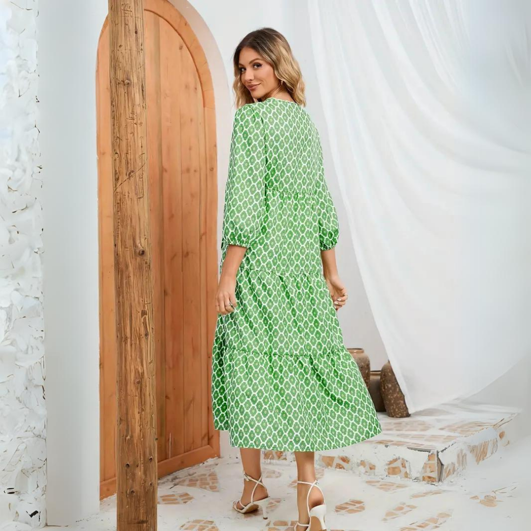 Women Boho Printed Midi Dress with Puff Sleeves | Clara