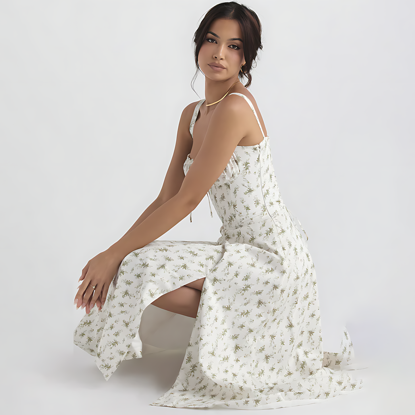 Women Floral Corset-Style Midi Dress with Strappy Details | Chandria