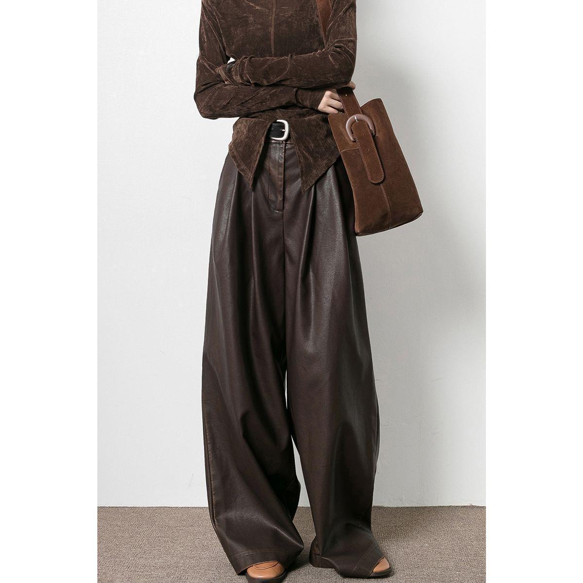 Women Wide Leg Pants Brown PU Leather | Vintage Chic-4