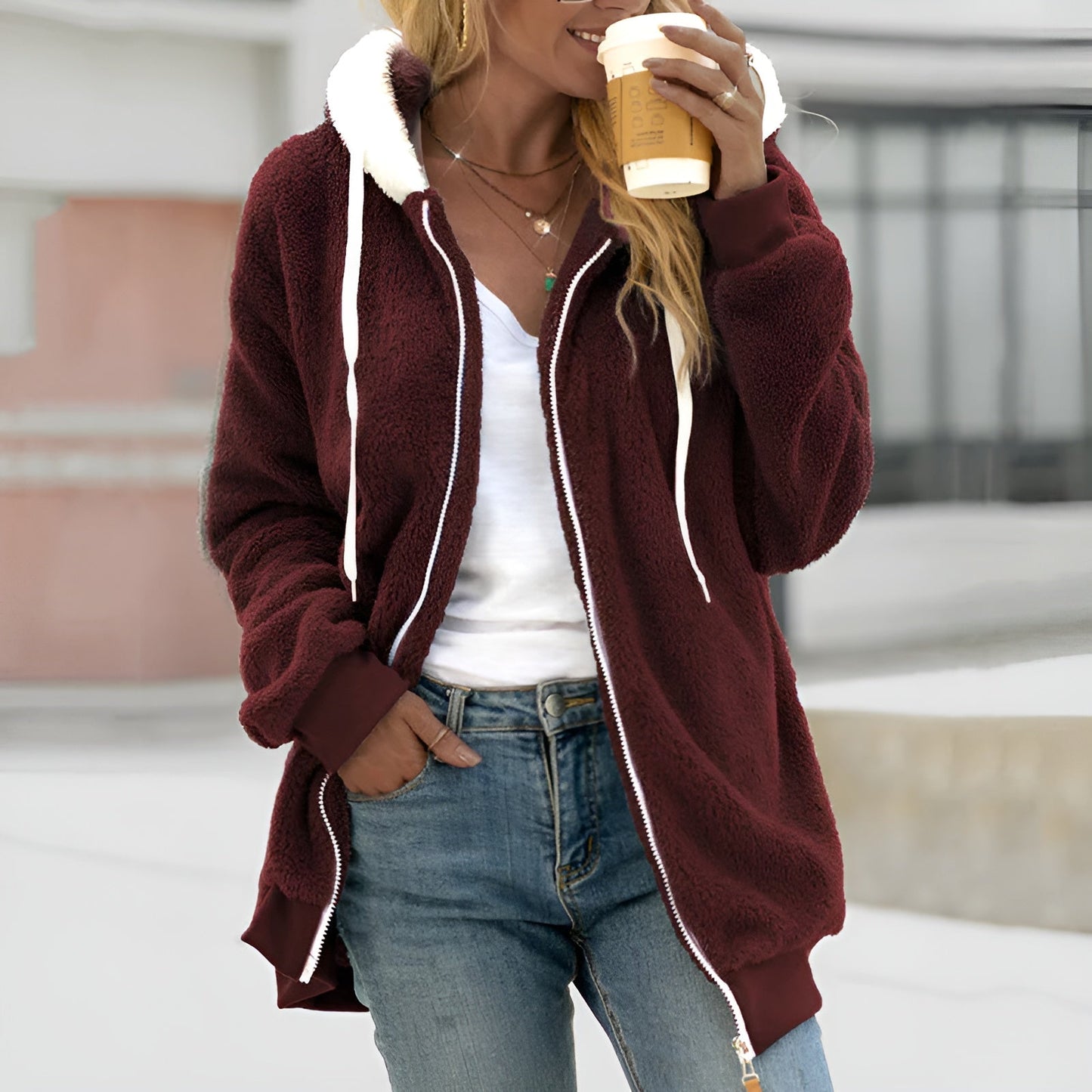 Women Oversized Sherpa Zip-Up Hoodie | Ella