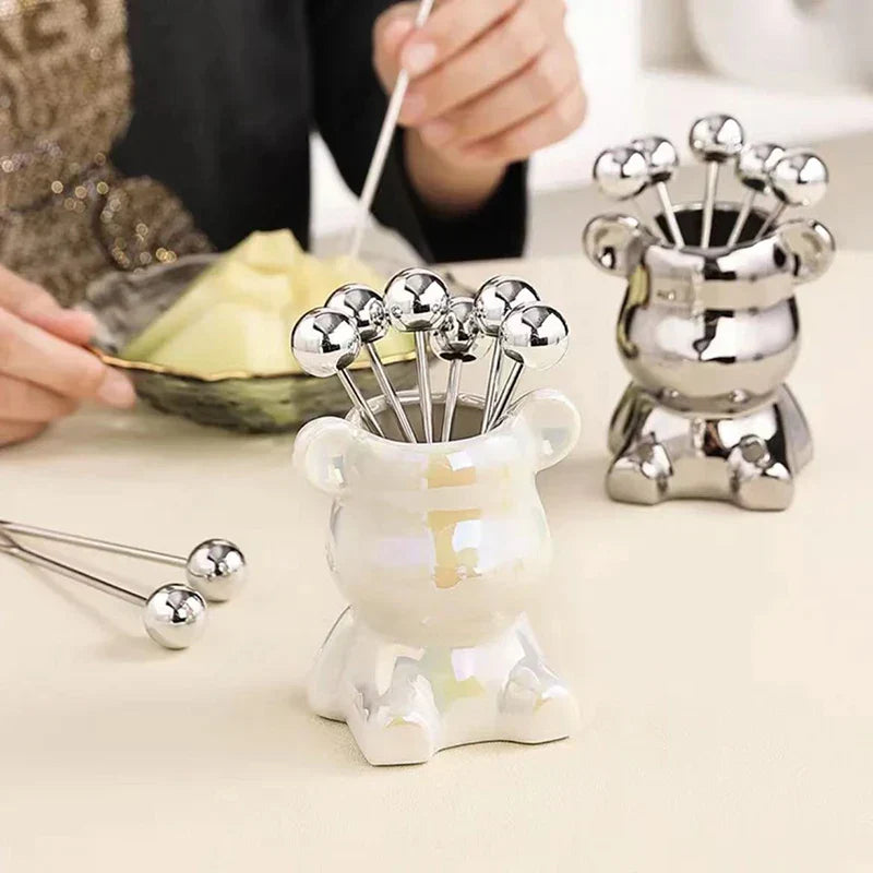 Stainless Steel Tasting Forks Set | Elegant Bear Holder | Perfect for Serving Snacks and Fruits 5