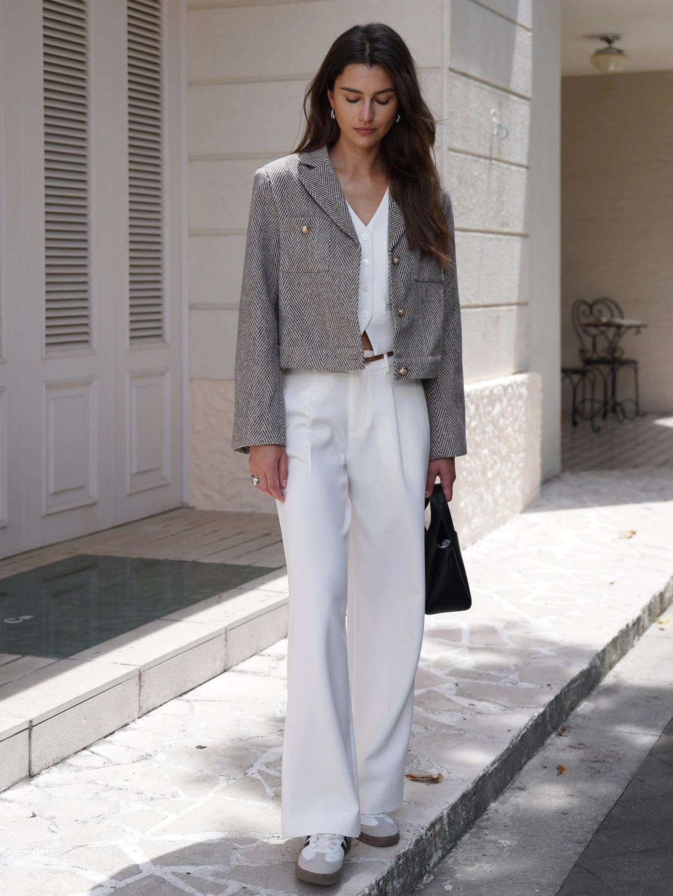 Women Herringbone Cropped Blazer | Modesta