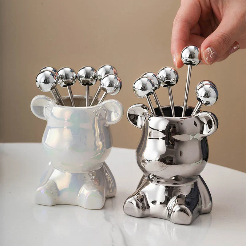 Stainless Steel Tasting Forks Set | Elegant Bear Holder | Perfect for Serving Snacks and Fruits 3