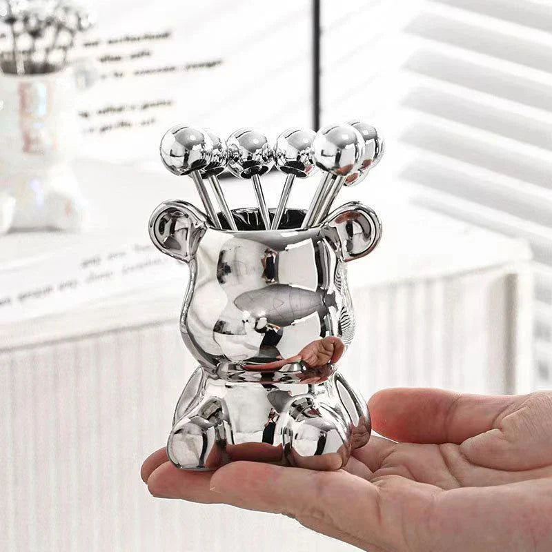 Stainless Steel Tasting Forks Set | Elegant Bear Holder | Perfect for Serving Snacks and Fruits 4