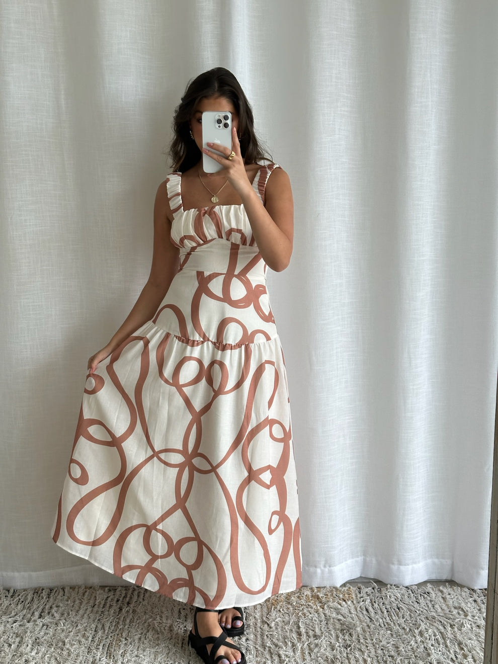 Women Maxi Dress White Beige Cotton | Azenith-3