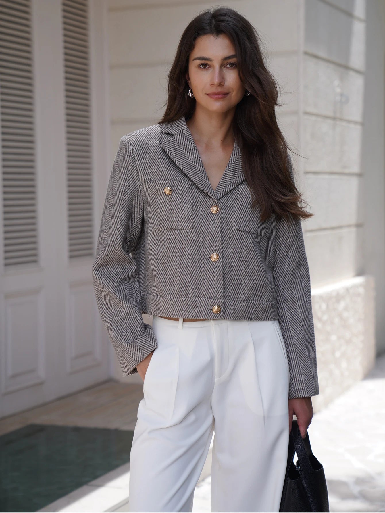Women Herringbone Cropped Blazer | Modesta