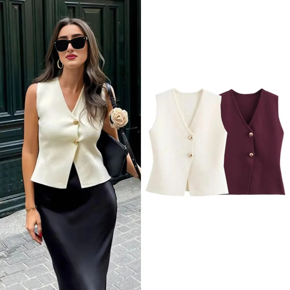 Women Minimalist Buttoned Knit Vest Top| Elise