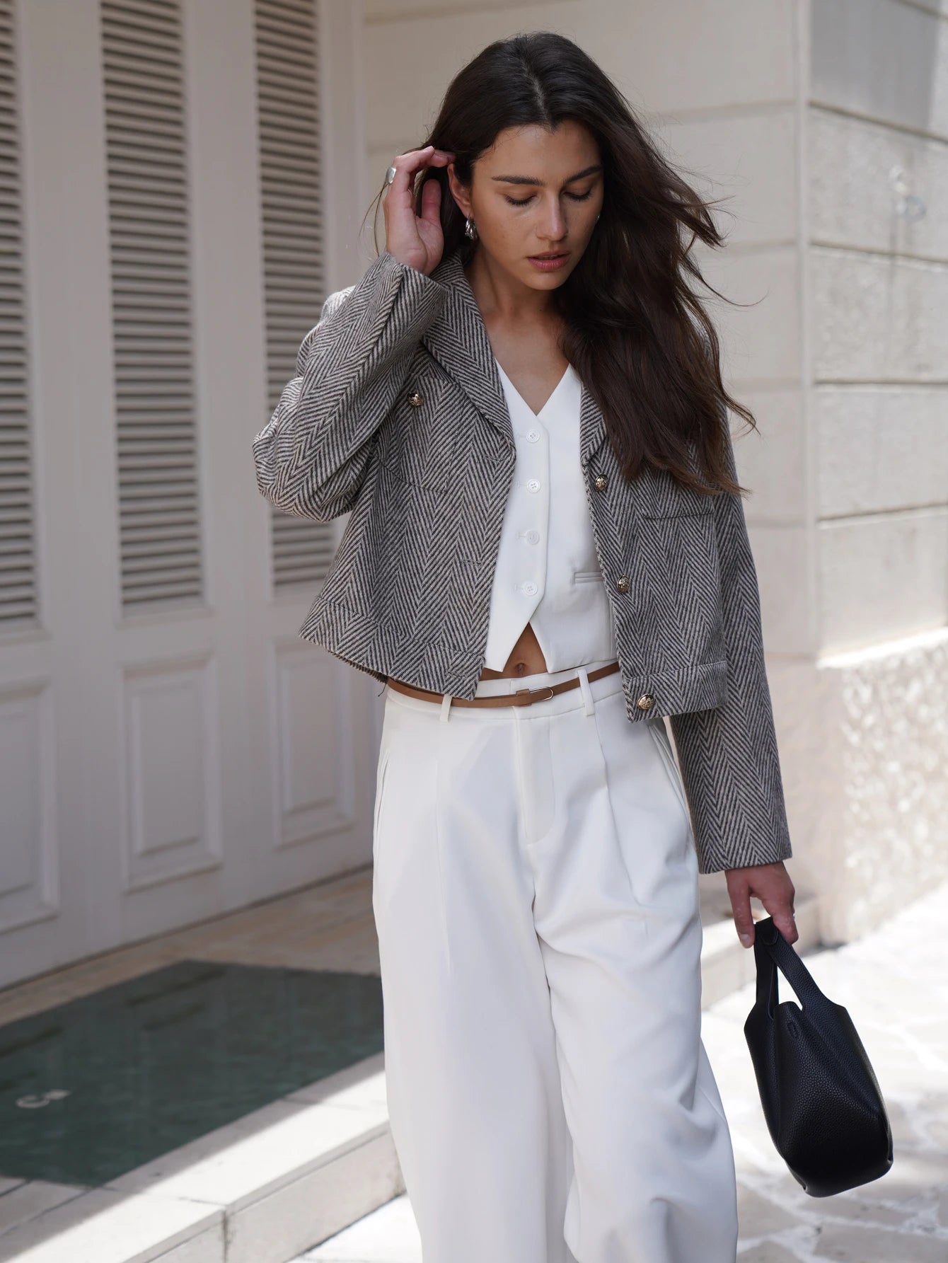 Women Herringbone Cropped Blazer | Modesta
