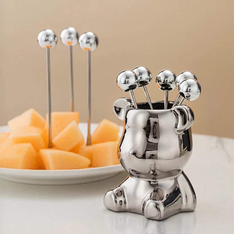 Stainless Steel Tasting Forks Set | Elegant Bear Holder | Perfect for Serving Snacks and Fruits 2